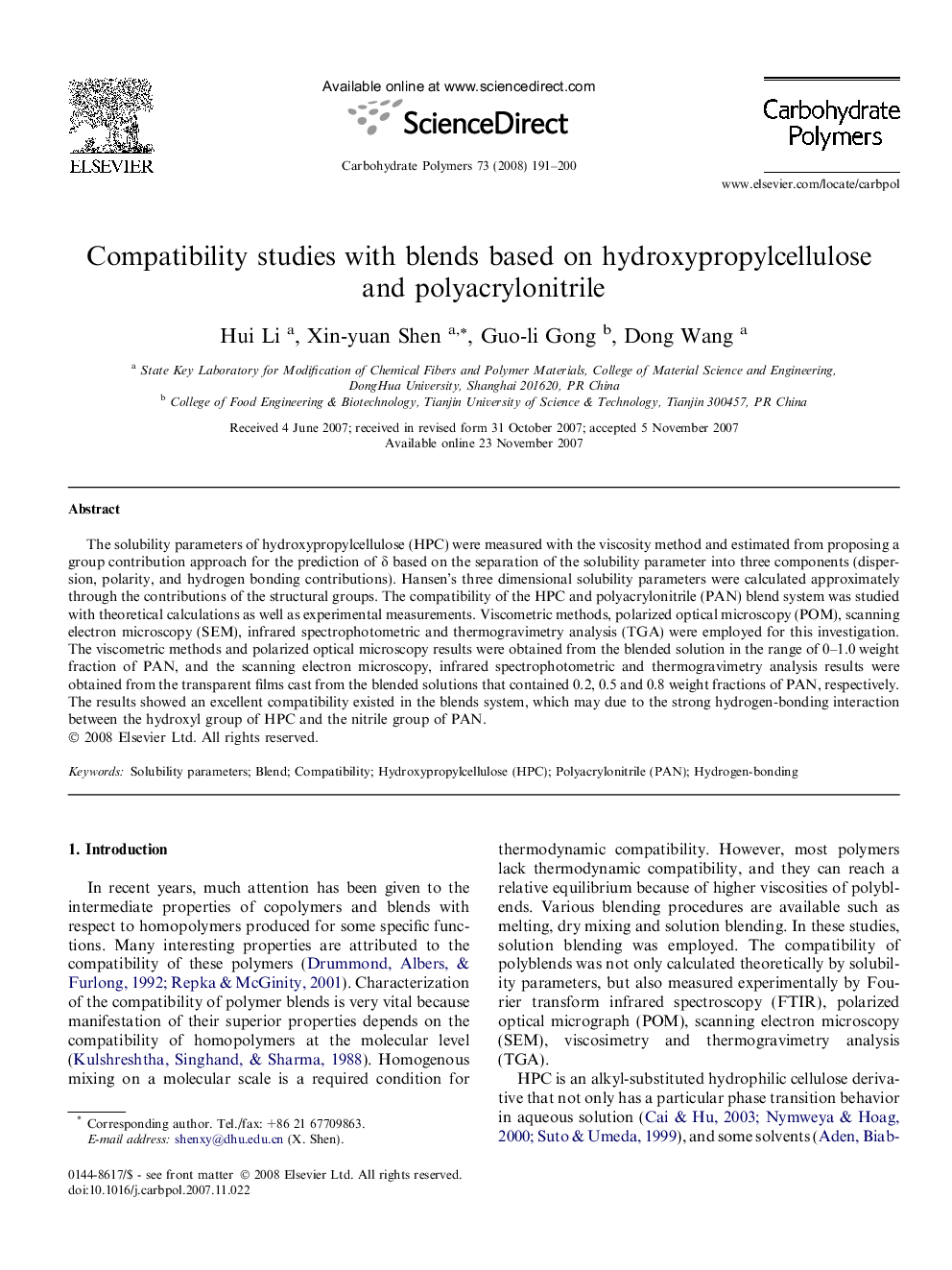 Compatibility studies with blends based on hydroxypropylcellulose and polyacrylonitrile