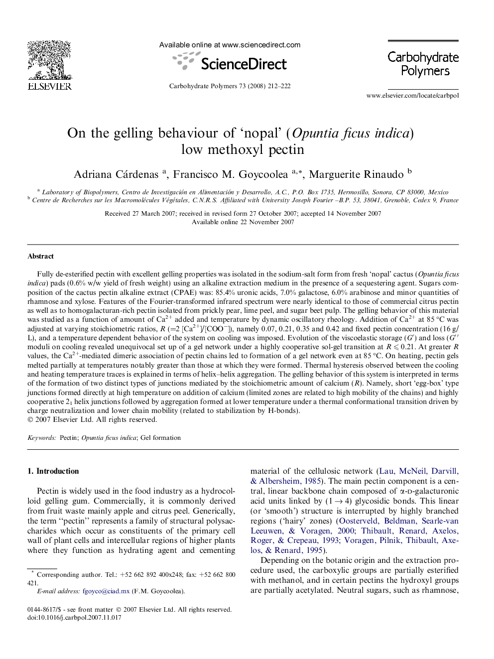 On the gelling behaviour of ‘nopal’ (Opuntia ficus indica) low methoxyl pectin