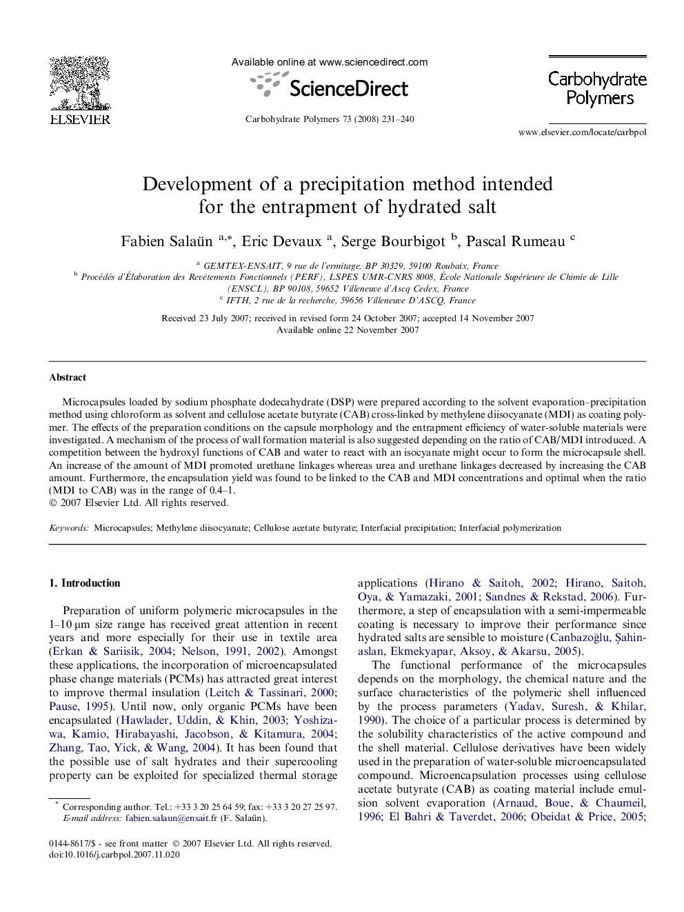 Development of a precipitation method intended for the entrapment of hydrated salt