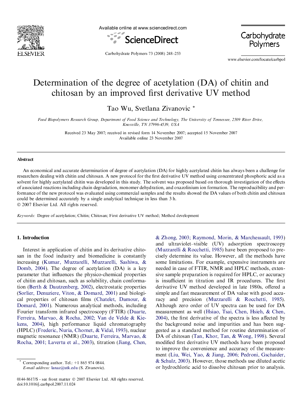 Determination of the degree of acetylation (DA) of chitin and chitosan by an improved first derivative UV method