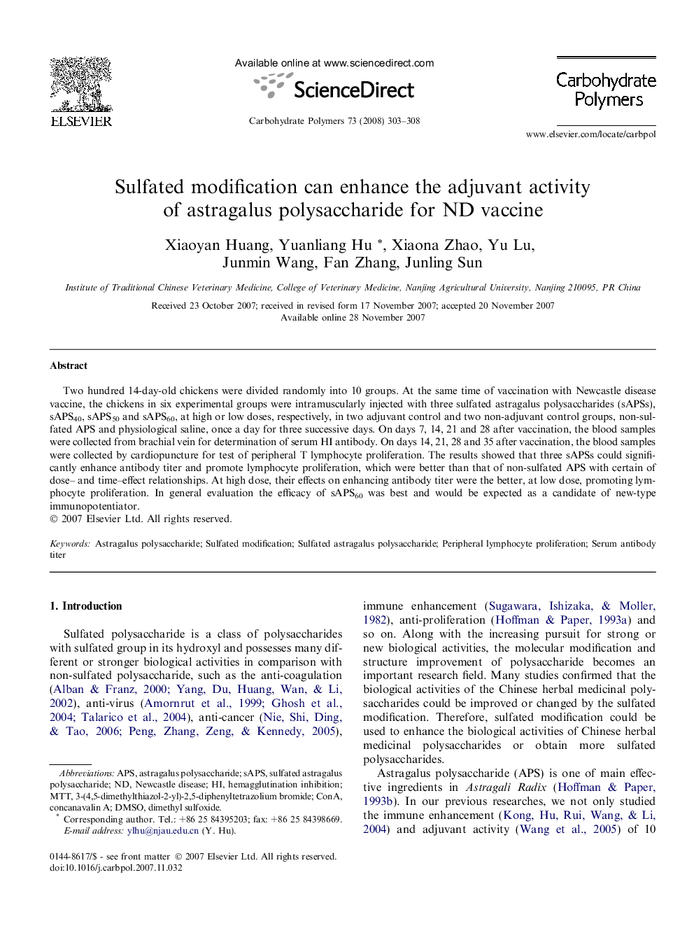 Sulfated modification can enhance the adjuvant activity of astragalus polysaccharide for ND vaccine