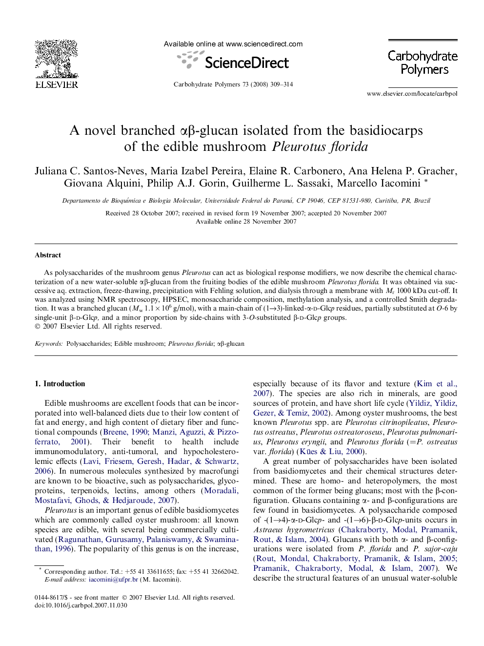 A novel branched αβ-glucan isolated from the basidiocarps of the edible mushroom Pleurotus florida