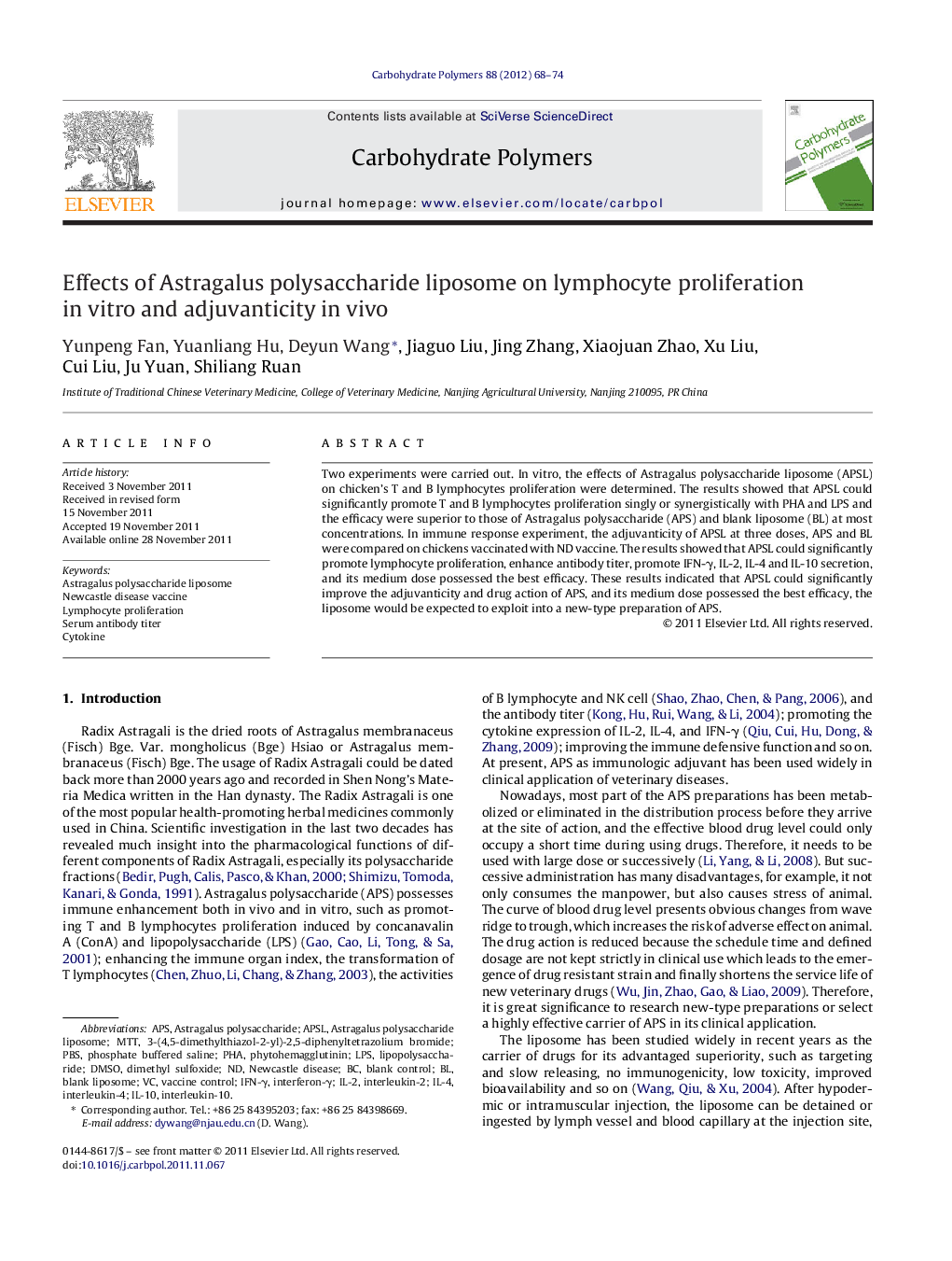 Effects of Astragalus polysaccharide liposome on lymphocyte proliferation in vitro and adjuvanticity in vivo