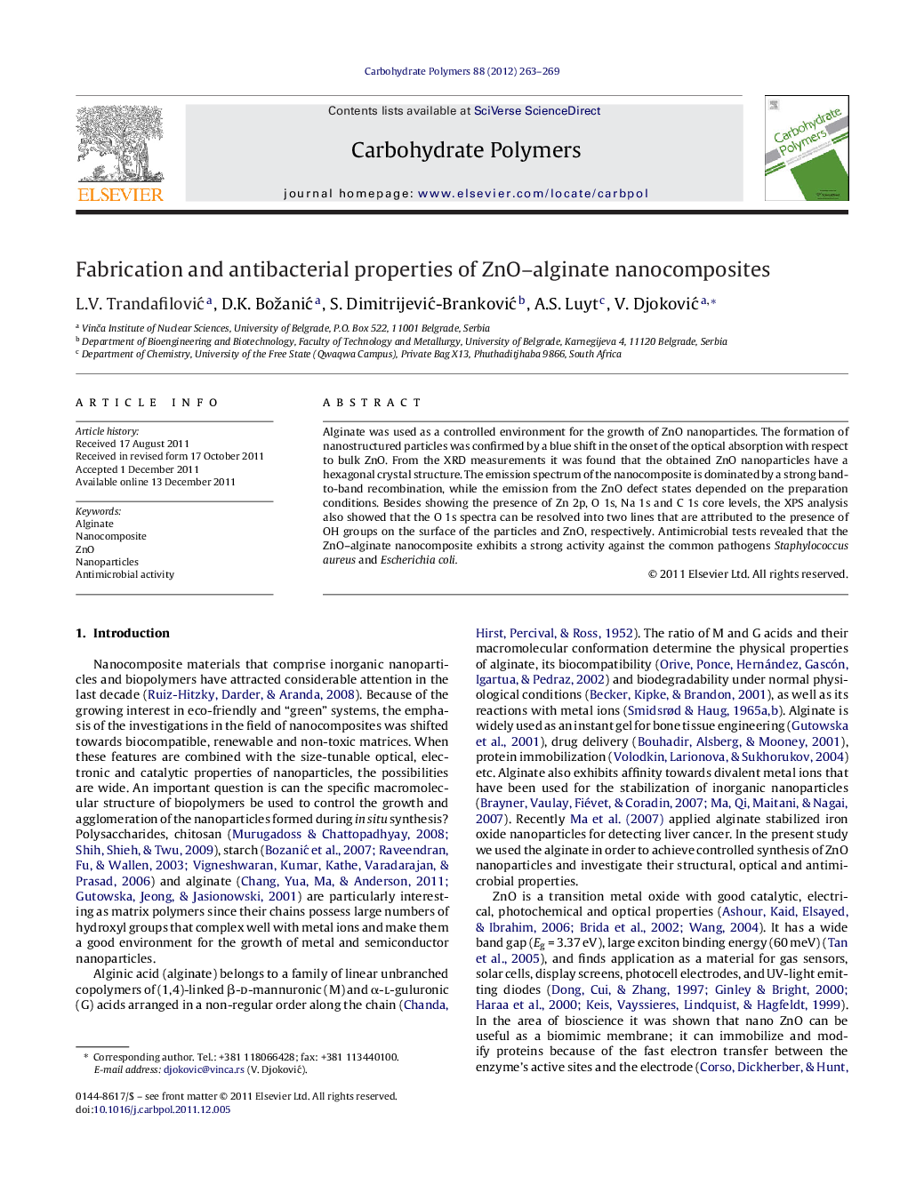 Fabrication and antibacterial properties of ZnO–alginate nanocomposites