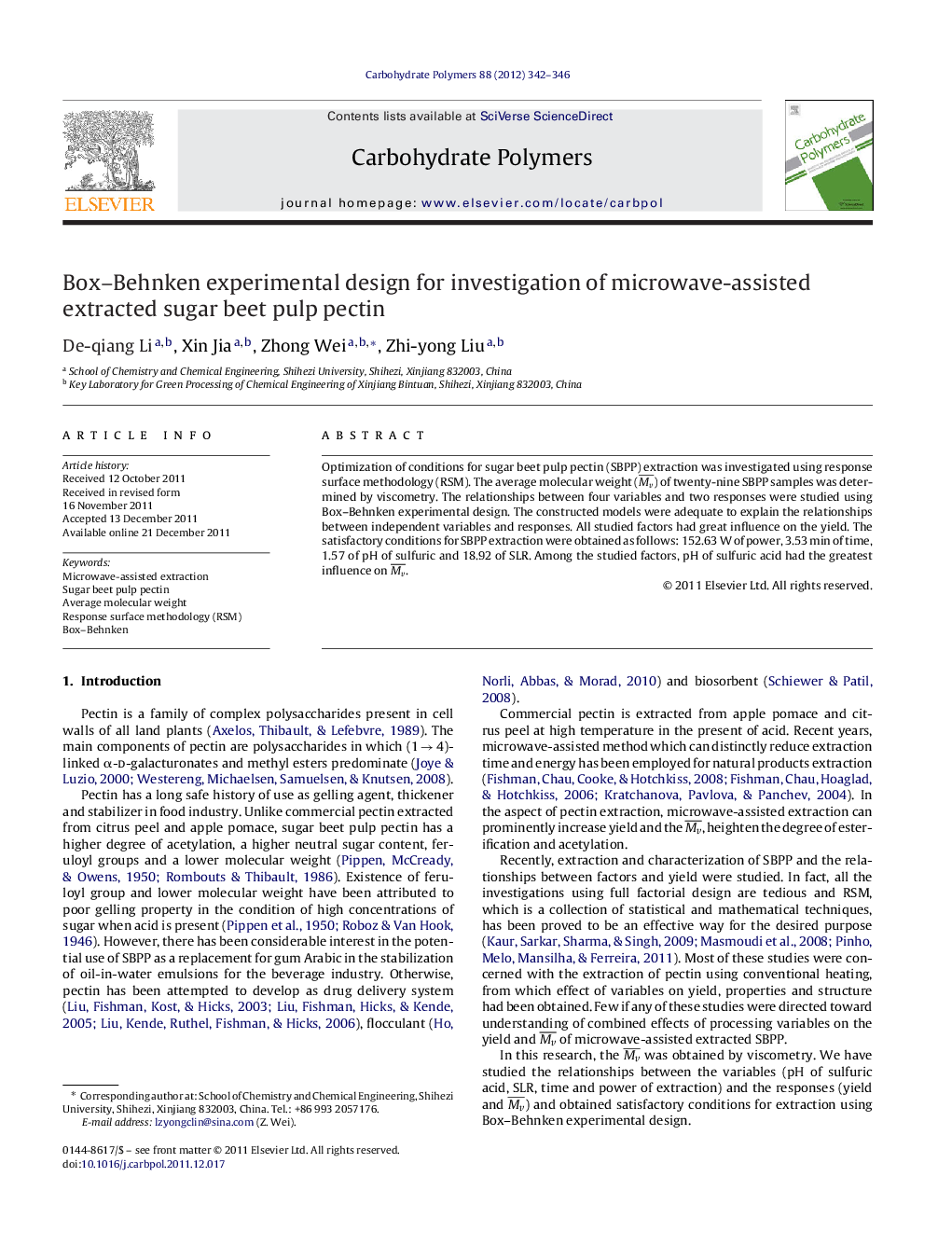 Box–Behnken experimental design for investigation of microwave-assisted extracted sugar beet pulp pectin