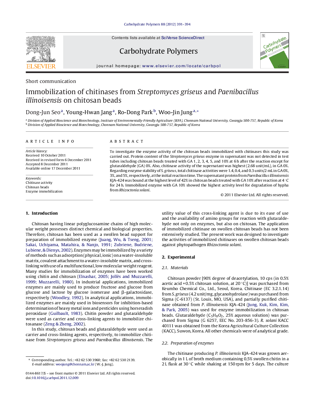 Immobilization of chitinases from Streptomyces griseus and Paenibacillus illinoisensis on chitosan beads