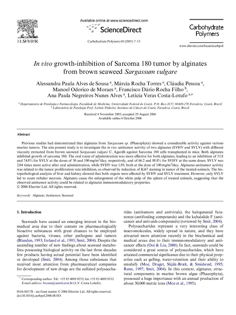 In vivo growth-inhibition of Sarcoma 180 tumor by alginates from brown seaweed Sargassum vulgare