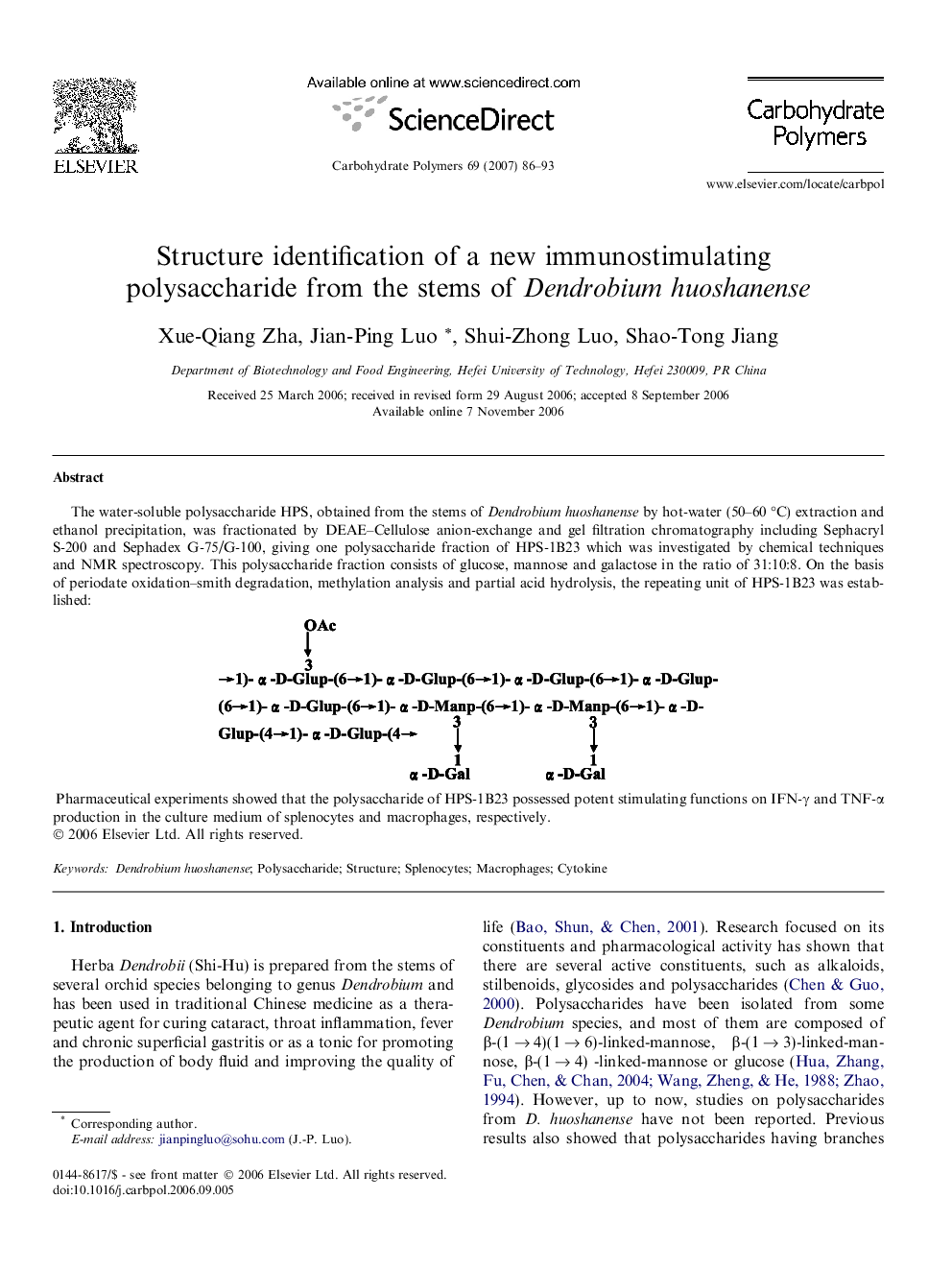 Structure identification of a new immunostimulating polysaccharide from the stems of Dendrobium huoshanense