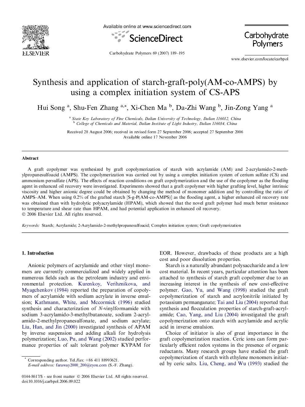 Synthesis and application of starch-graft-poly(AM-co-AMPS) by using a complex initiation system of CS-APS