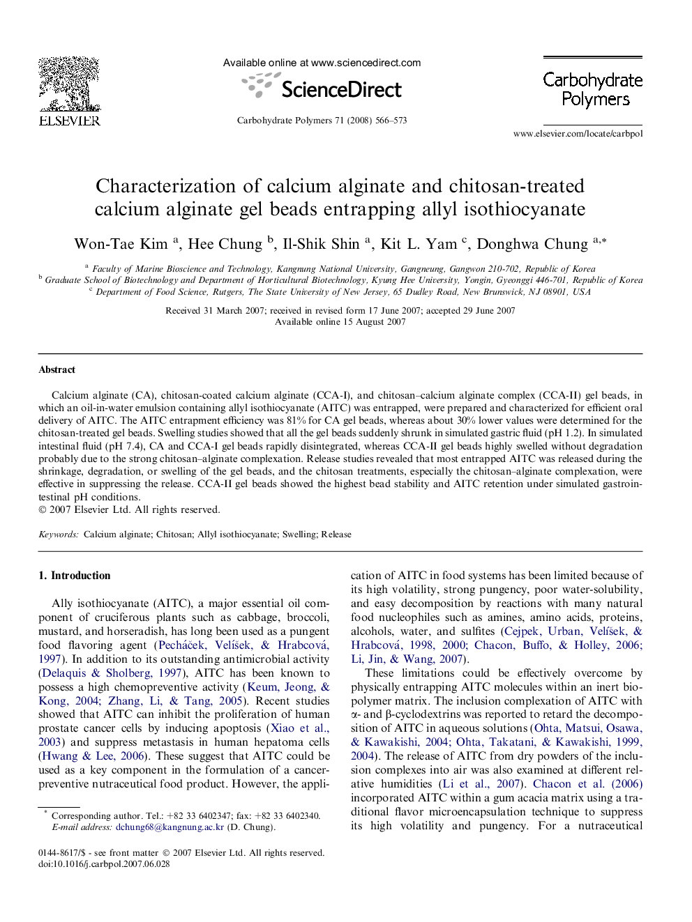 Characterization of calcium alginate and chitosan-treated calcium alginate gel beads entrapping allyl isothiocyanate