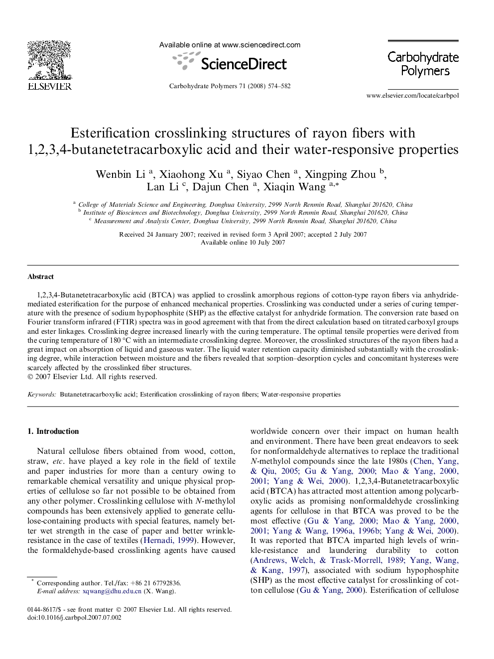 Esterification crosslinking structures of rayon fibers with 1,2,3,4-butanetetracarboxylic acid and their water-responsive properties