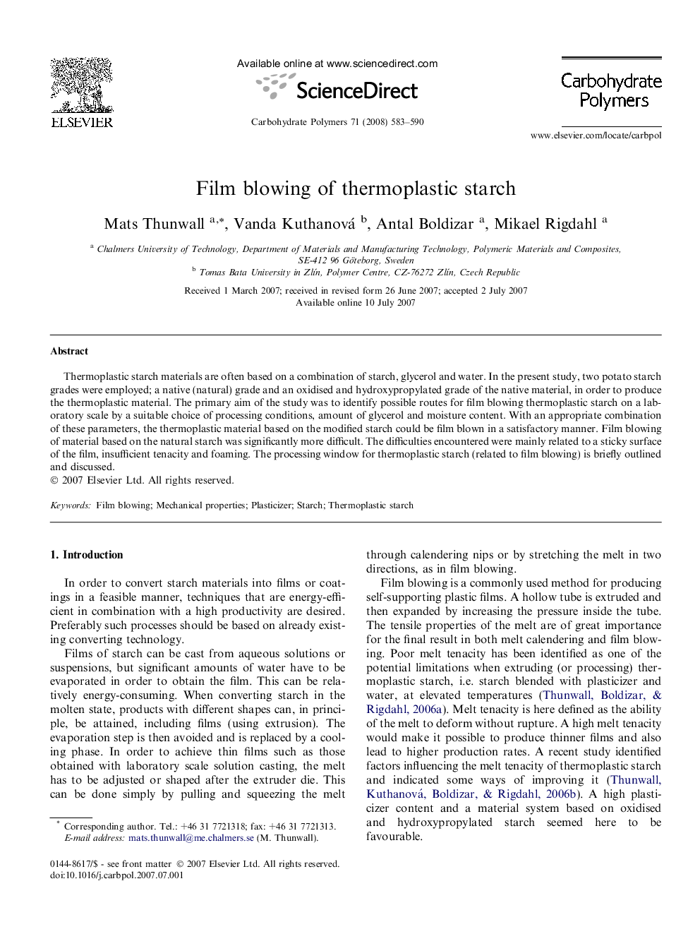 Film blowing of thermoplastic starch