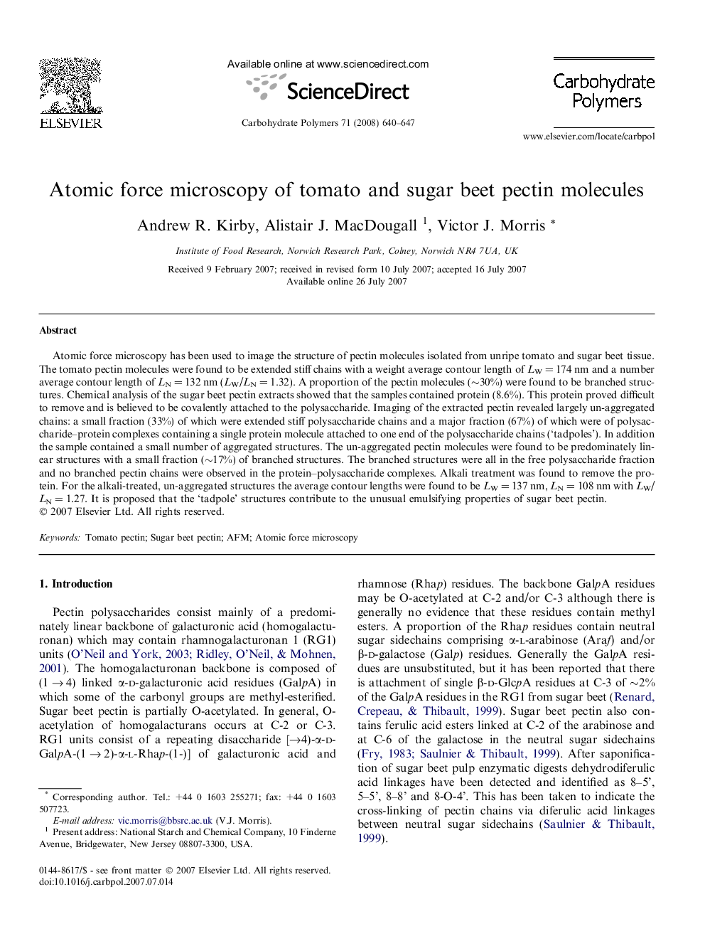 Atomic force microscopy of tomato and sugar beet pectin molecules