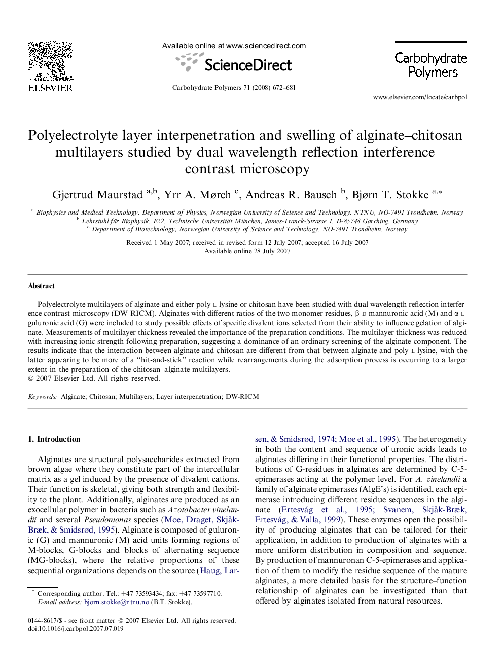 Polyelectrolyte layer interpenetration and swelling of alginate–chitosan multilayers studied by dual wavelength reflection interference contrast microscopy