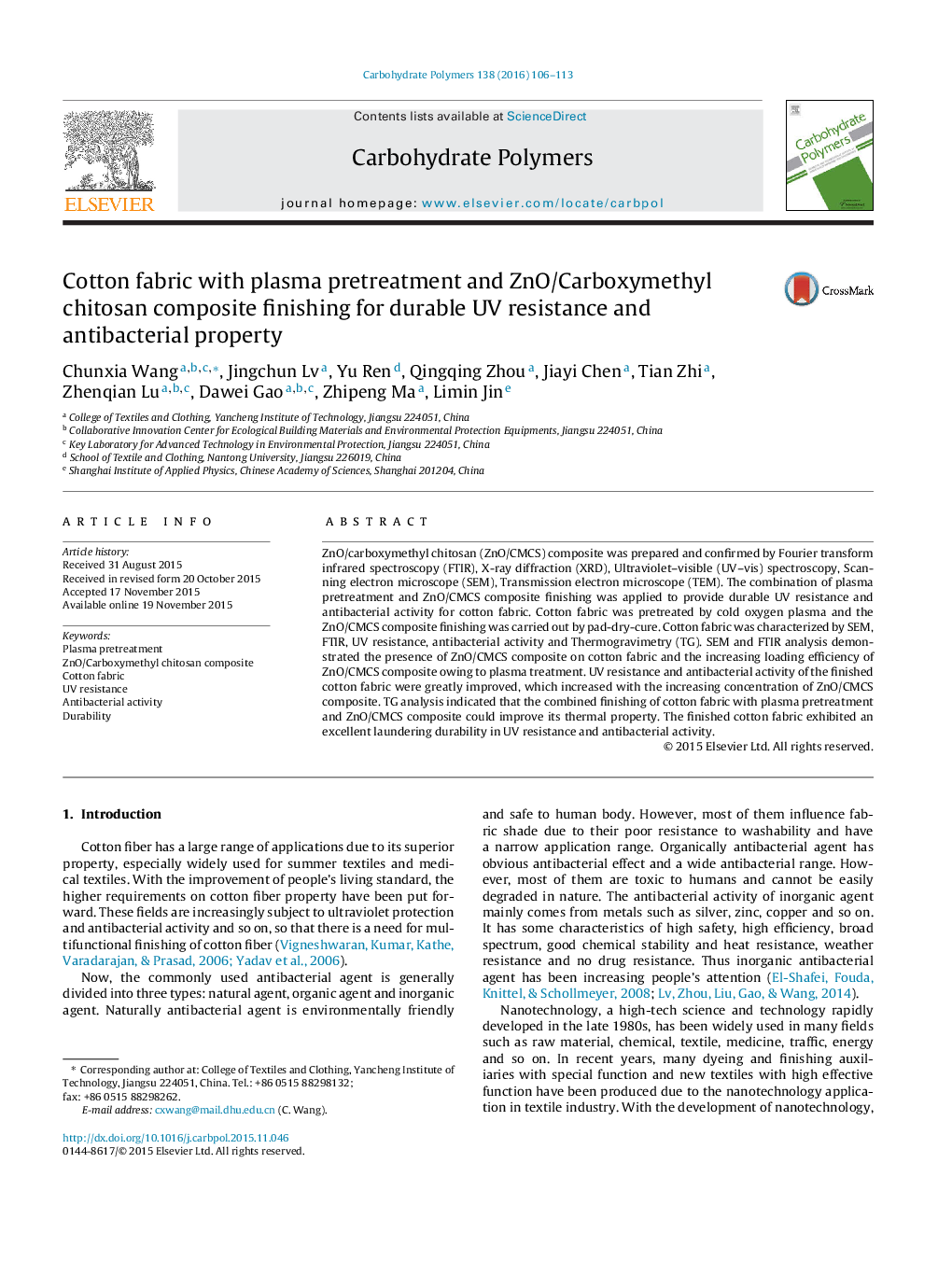 Cotton fabric with plasma pretreatment and ZnO/Carboxymethyl chitosan composite finishing for durable UV resistance and antibacterial property