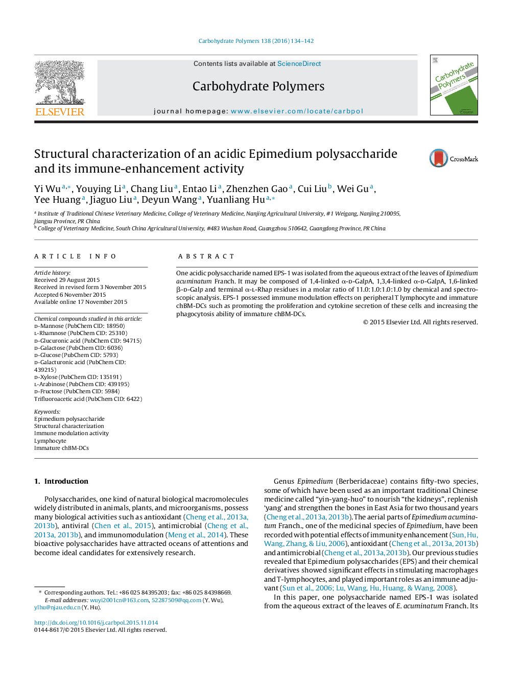 Structural characterization of an acidic Epimedium polysaccharide and its immune-enhancement activity