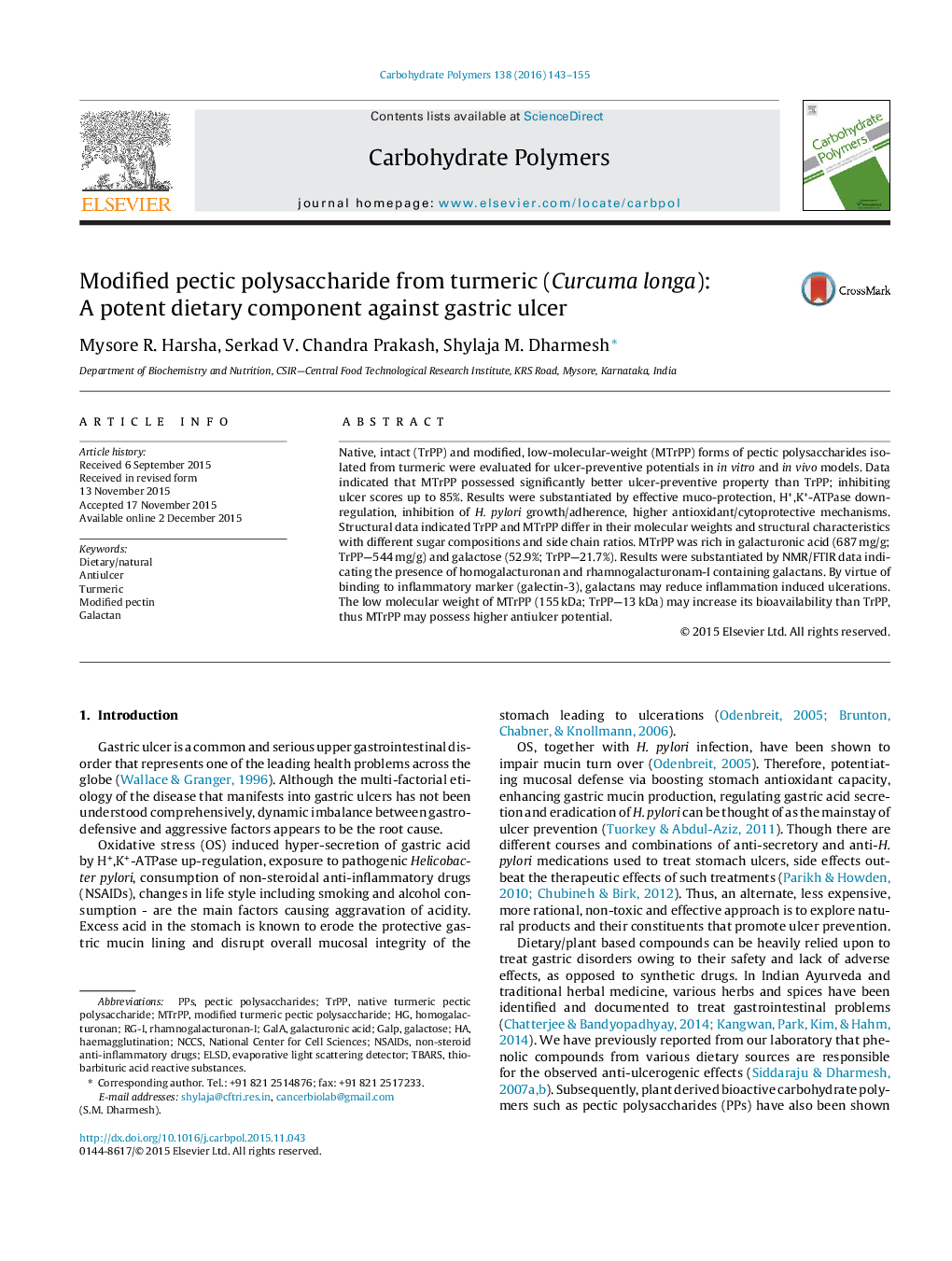 Modified pectic polysaccharide from turmeric (Curcuma longa): A potent dietary component against gastric ulcer