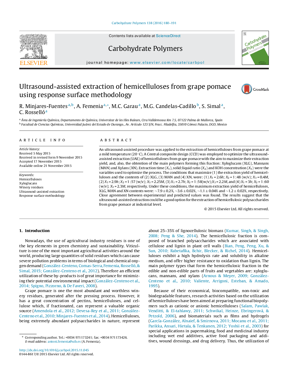 Ultrasound-assisted extraction of hemicelluloses from grape pomace using response surface methodology