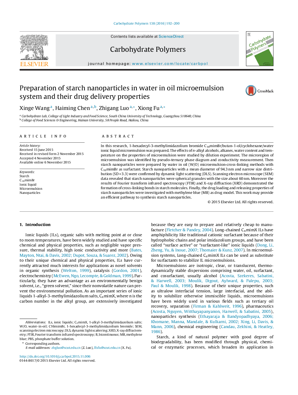 Preparation of starch nanoparticles in water in oil microemulsion system and their drug delivery properties