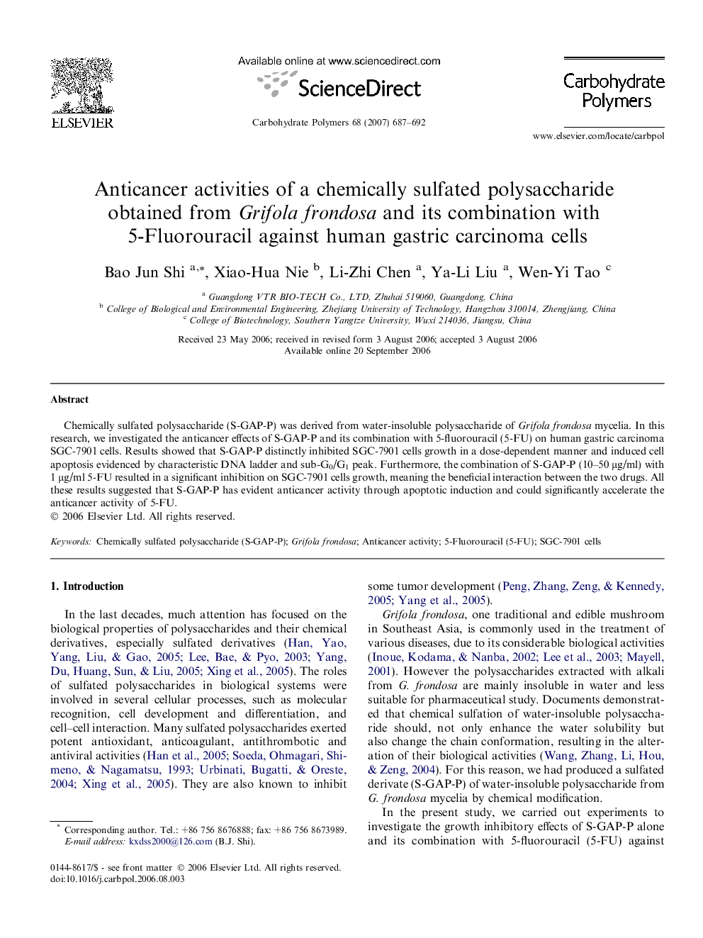 Anticancer activities of a chemically sulfated polysaccharide obtained from Grifola frondosa and its combination with 5-Fluorouracil against human gastric carcinoma cells