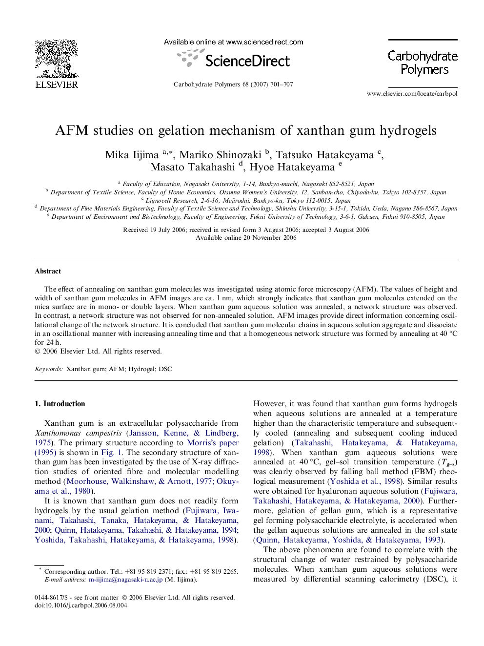 AFM studies on gelation mechanism of xanthan gum hydrogels