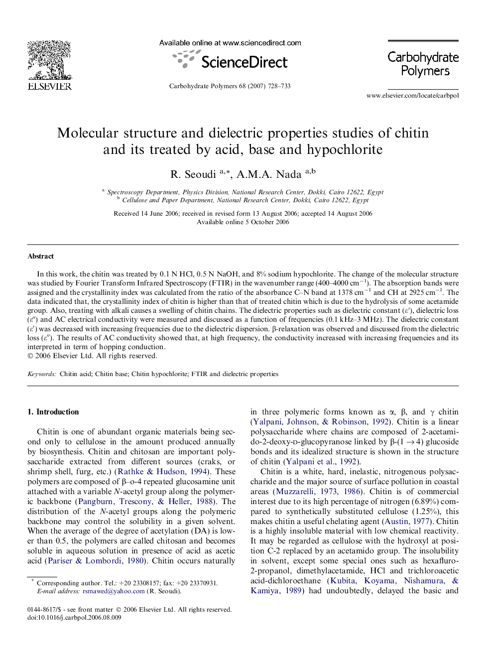 Molecular structure and dielectric properties studies of chitin and its treated by acid, base and hypochlorite