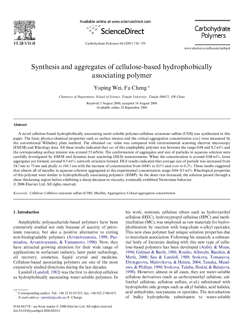 Synthesis and aggregates of cellulose-based hydrophobically associating polymer