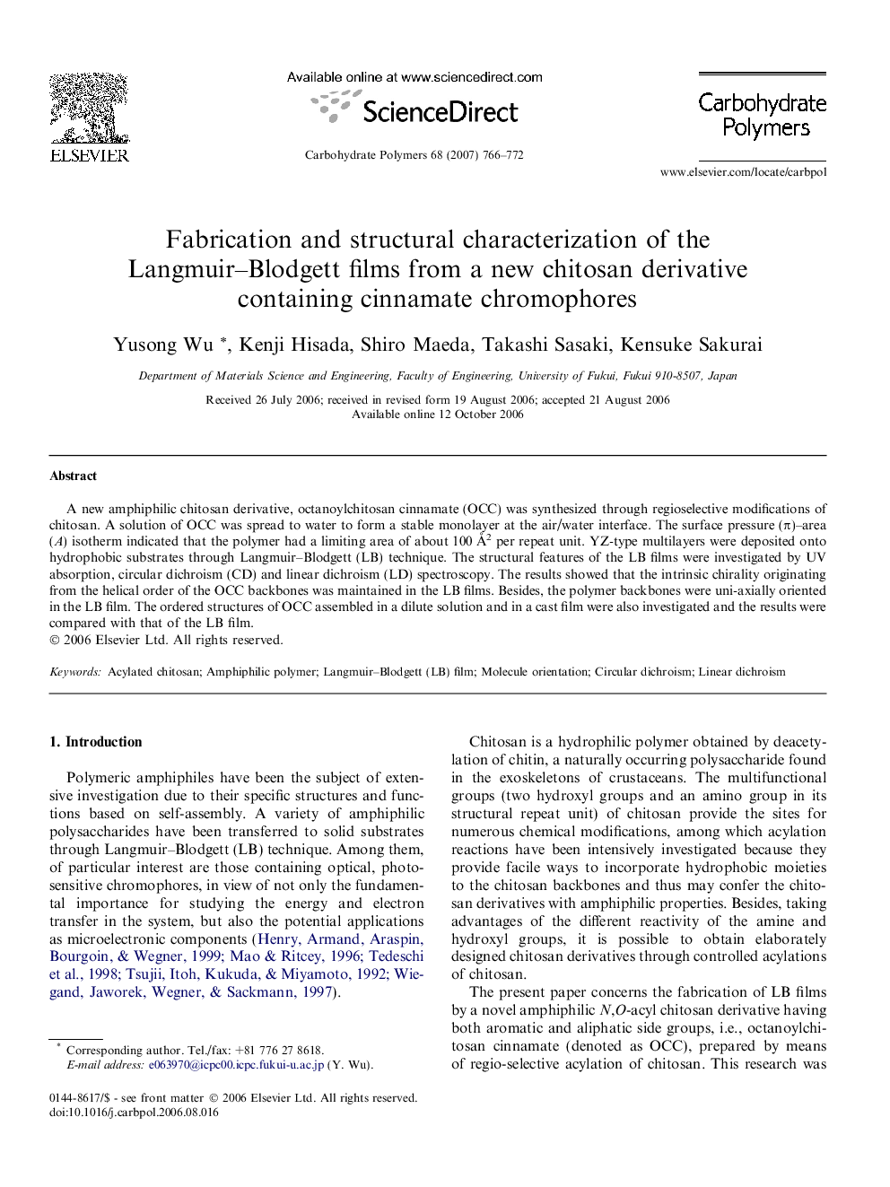 Fabrication and structural characterization of the Langmuir–Blodgett films from a new chitosan derivative containing cinnamate chromophores