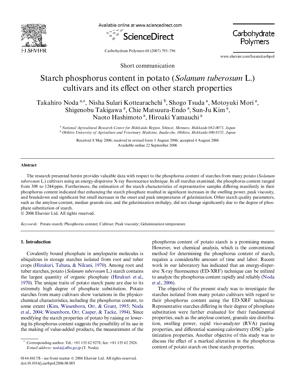 Starch phosphorus content in potato (Solanum tuberosum L.) cultivars and its effect on other starch properties