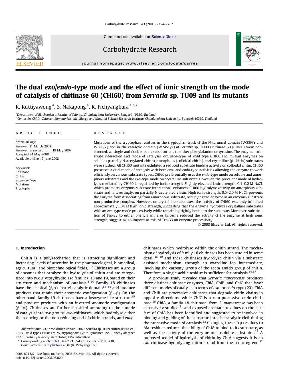 The dual exo/endo-type mode and the effect of ionic strength on the mode of catalysis of chitinase 60 (CHI60) from Serratia sp. TU09 and its mutants