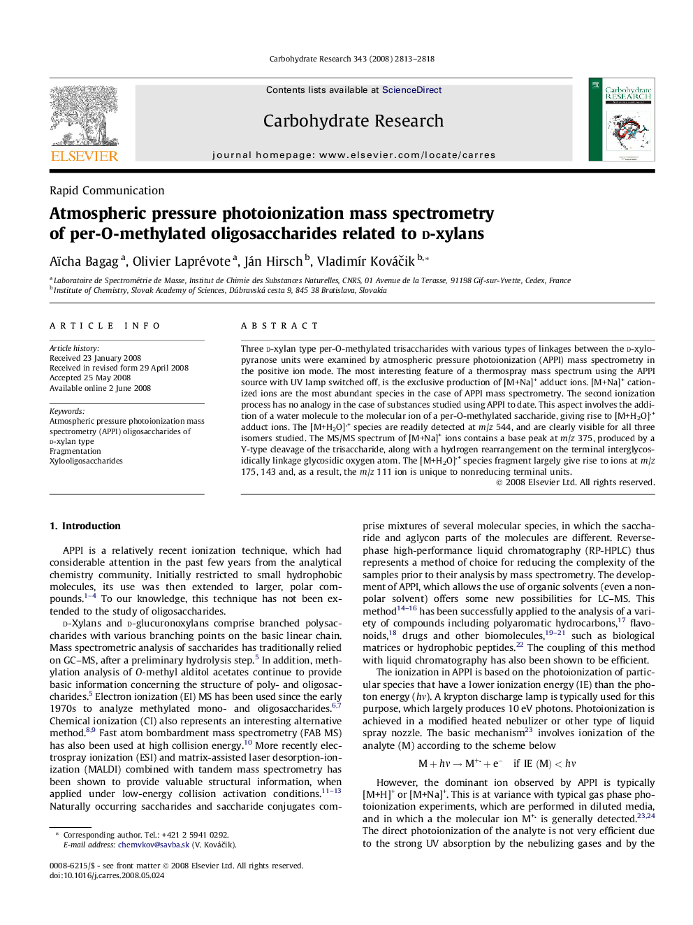 Atmospheric pressure photoionization mass spectrometry of per-O-methylated oligosaccharides related to d-xylans