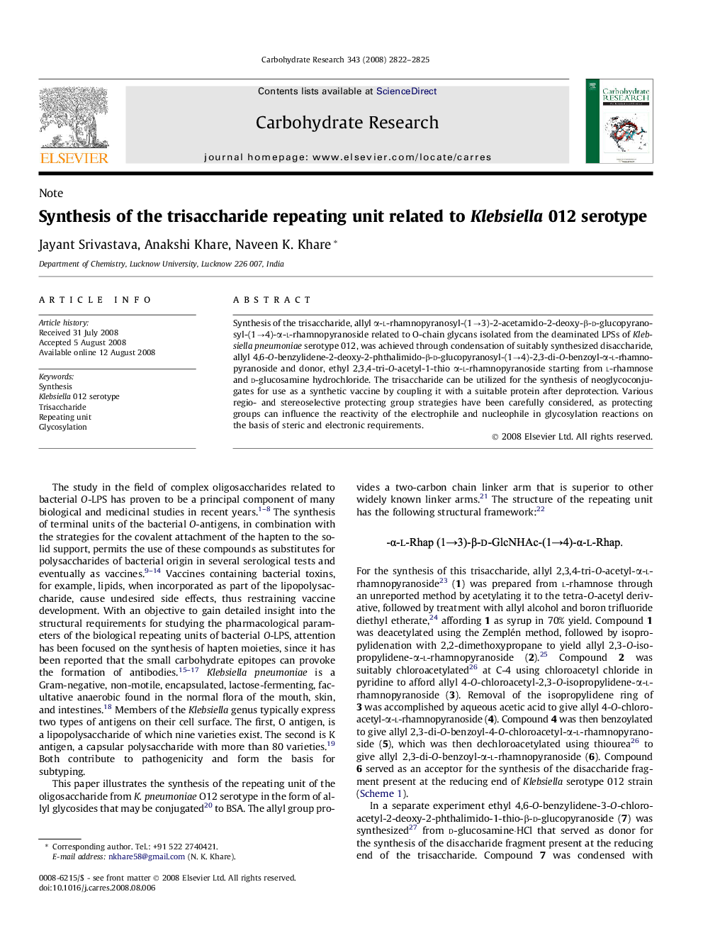 Synthesis of the trisaccharide repeating unit related to Klebsiella 012 serotype