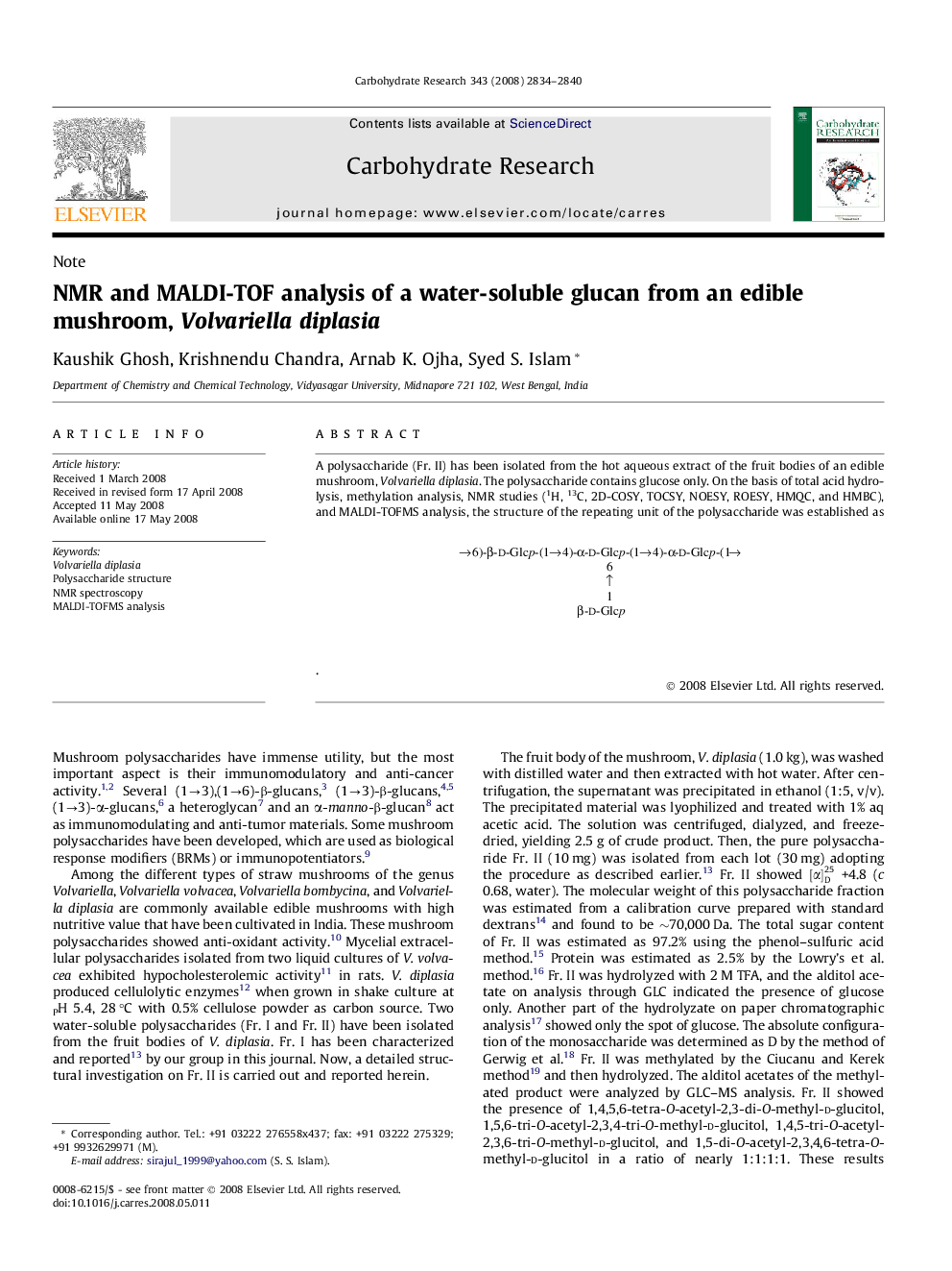 NMR and MALDI-TOF analysis of a water-soluble glucan from an edible mushroom, Volvariella diplasia