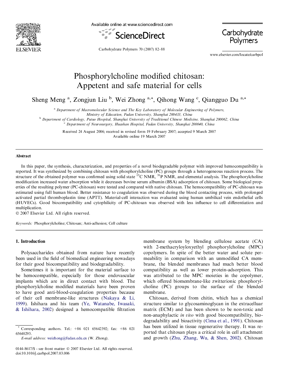 Phosphorylcholine modified chitosan: Appetent and safe material for cells