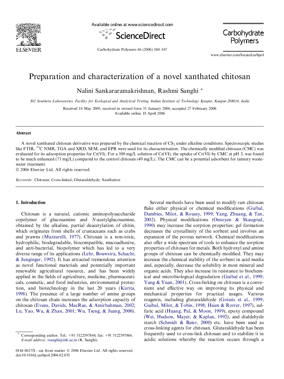 Preparation and characterization of a novel xanthated chitosan