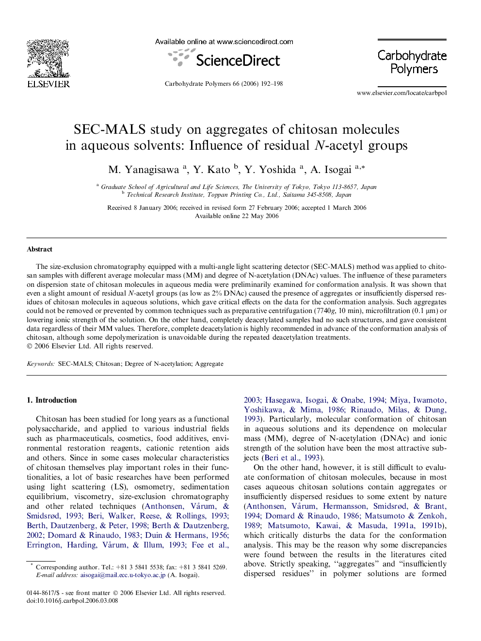 SEC-MALS study on aggregates of chitosan molecules in aqueous solvents: Influence of residual N-acetyl groups