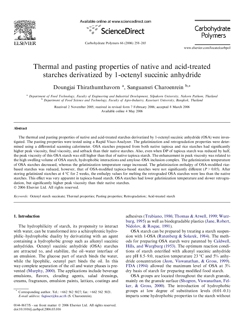 Thermal and pasting properties of native and acid-treated starches derivatized by 1-octenyl succinic anhydride