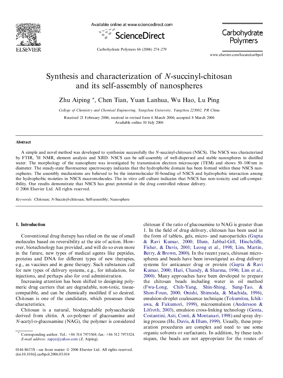 Synthesis and characterization of N-succinyl-chitosan and its self-assembly of nanospheres