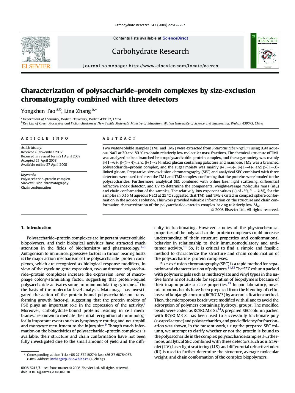 Characterization of polysaccharide–protein complexes by size-exclusion chromatography combined with three detectors