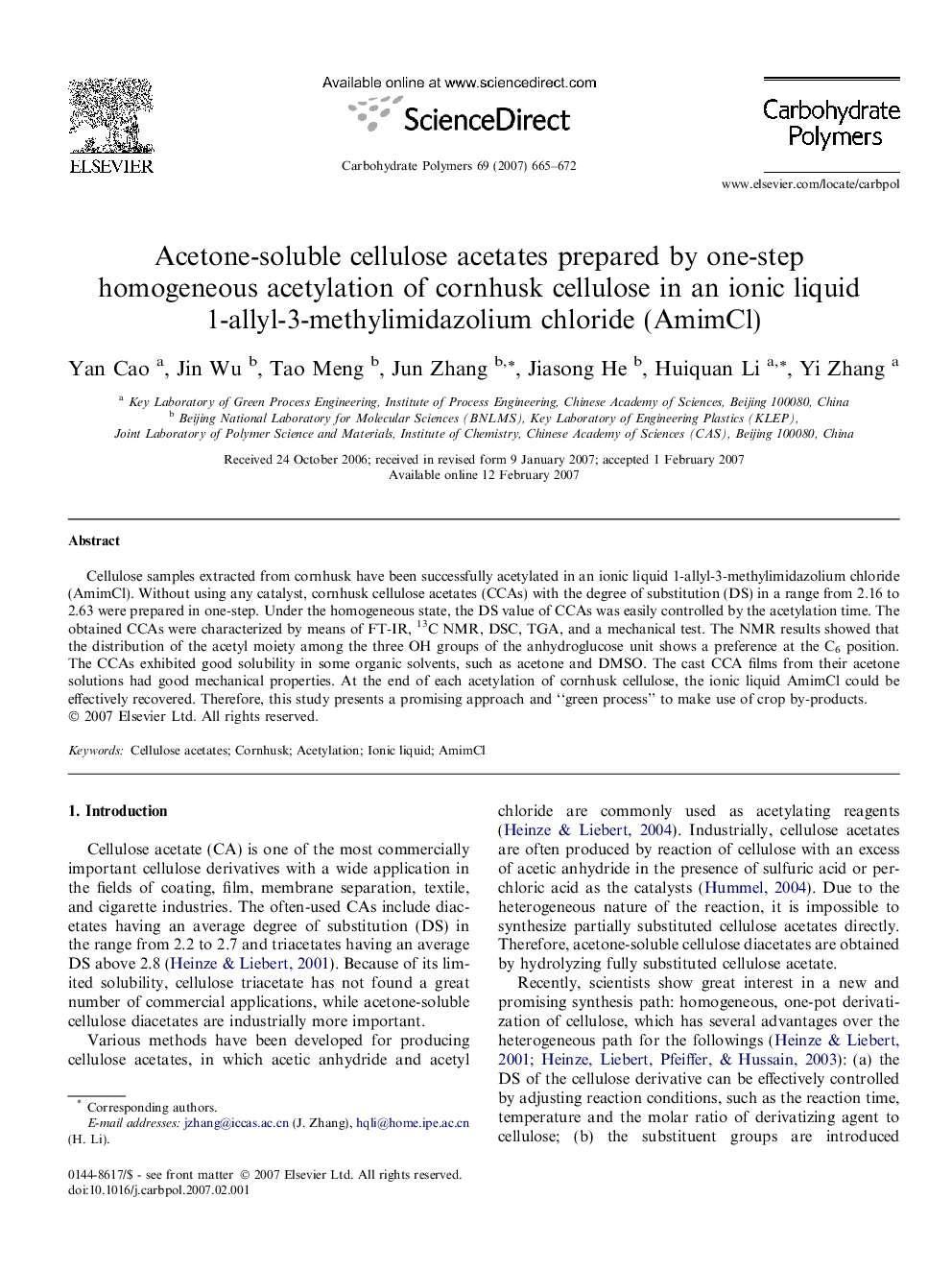 Acetone-soluble cellulose acetates prepared by one-step homogeneous acetylation of cornhusk cellulose in an ionic liquid 1-allyl-3-methylimidazolium chloride (AmimCl)