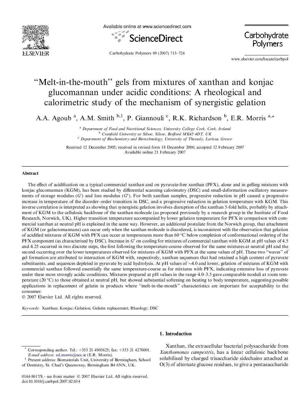 “Melt-in-the-mouth” gels from mixtures of xanthan and konjac glucomannan under acidic conditions: A rheological and calorimetric study of the mechanism of synergistic gelation