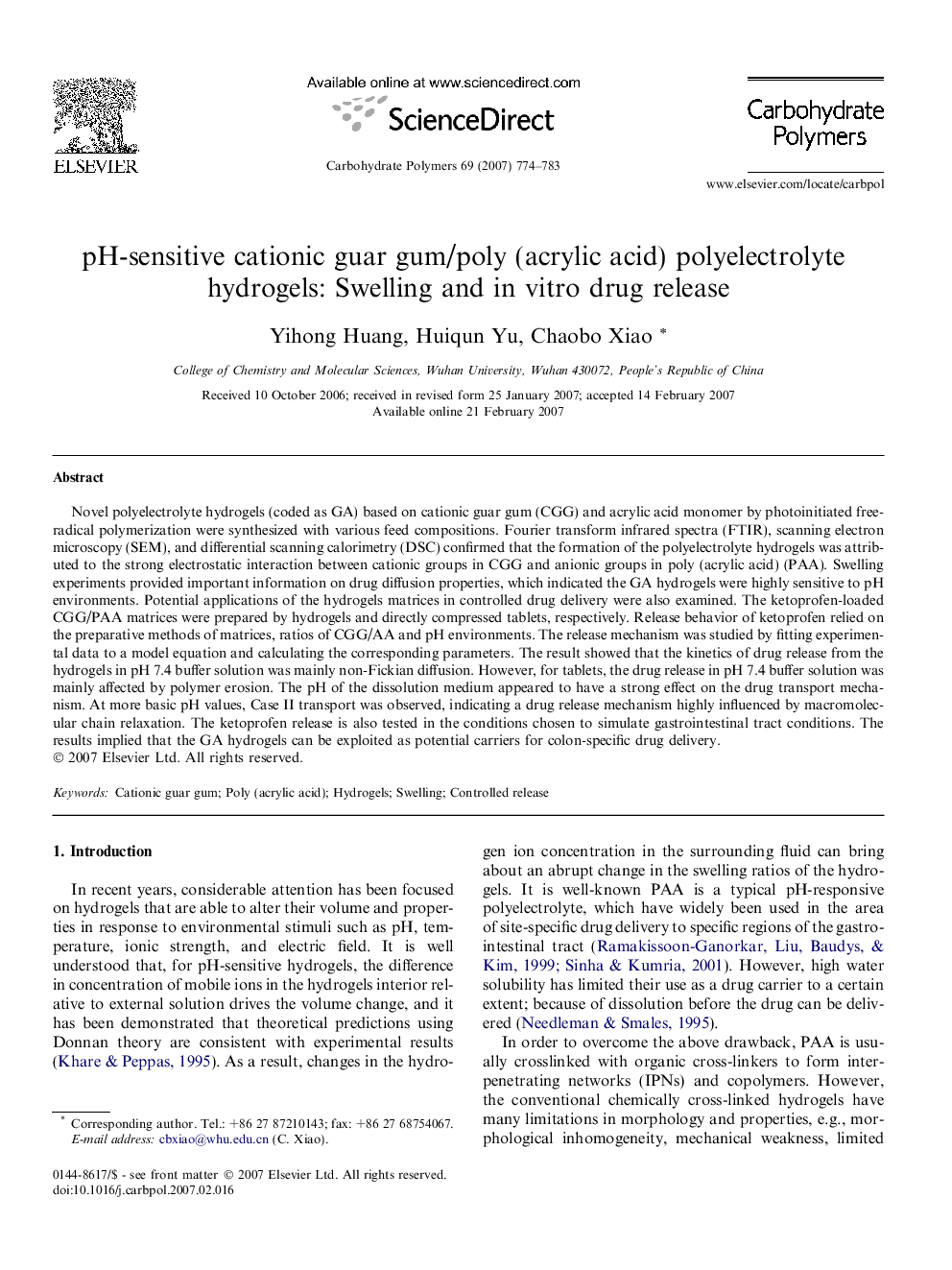 pH-sensitive cationic guar gum/poly (acrylic acid) polyelectrolyte hydrogels: Swelling and in vitro drug release