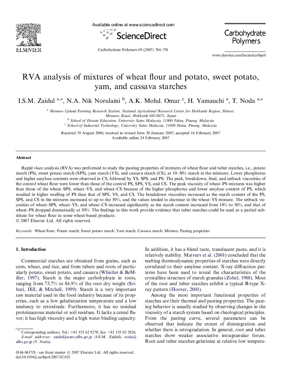 RVA analysis of mixtures of wheat flour and potato, sweet potato, yam, and cassava starches