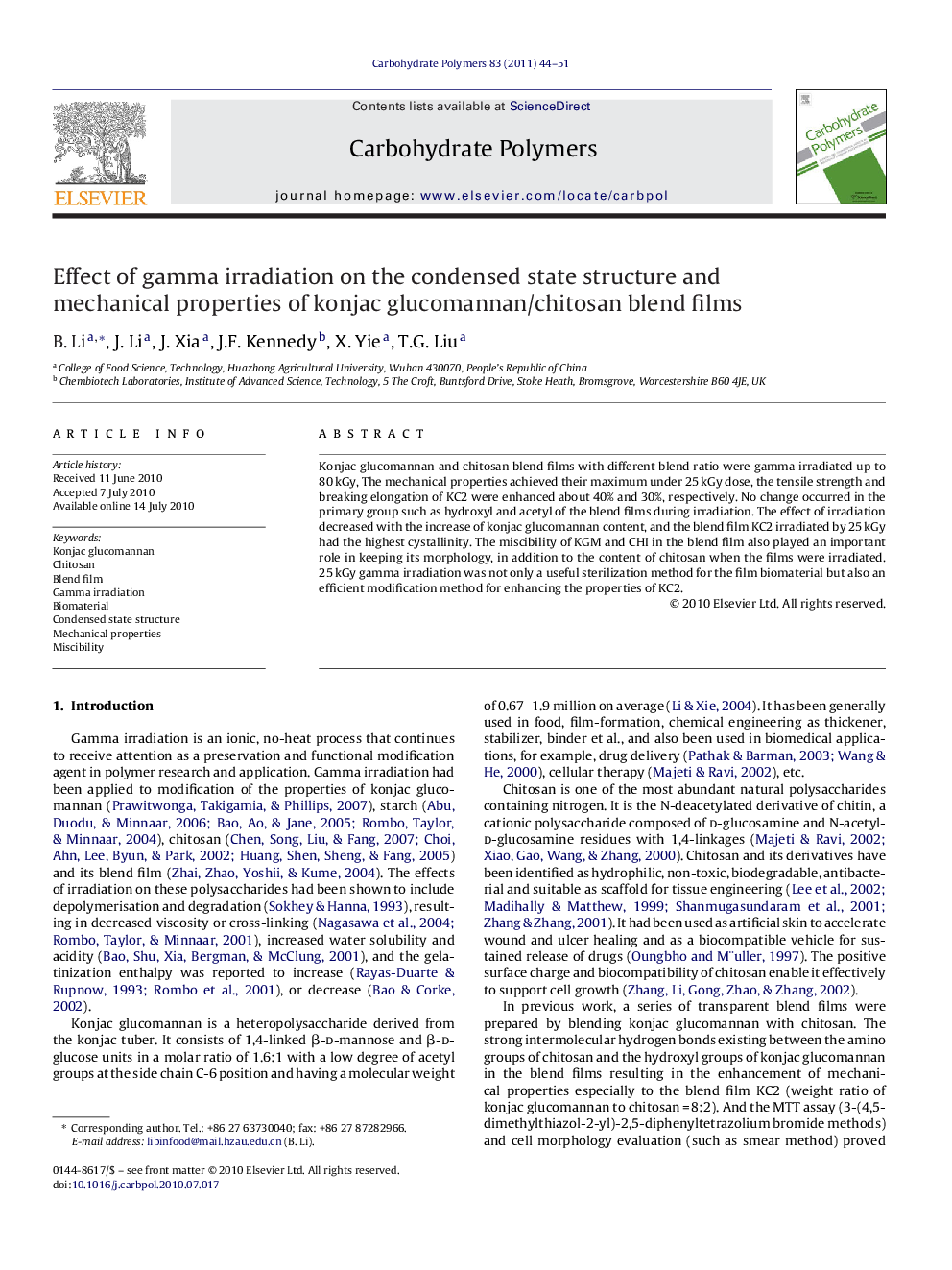 Effect of gamma irradiation on the condensed state structure and mechanical properties of konjac glucomannan/chitosan blend films