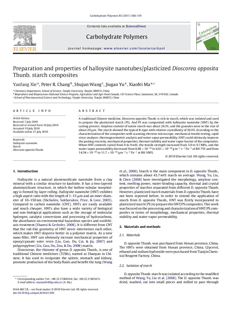 Preparation and properties of halloysite nanotubes/plasticized Dioscorea opposita Thunb. starch composites