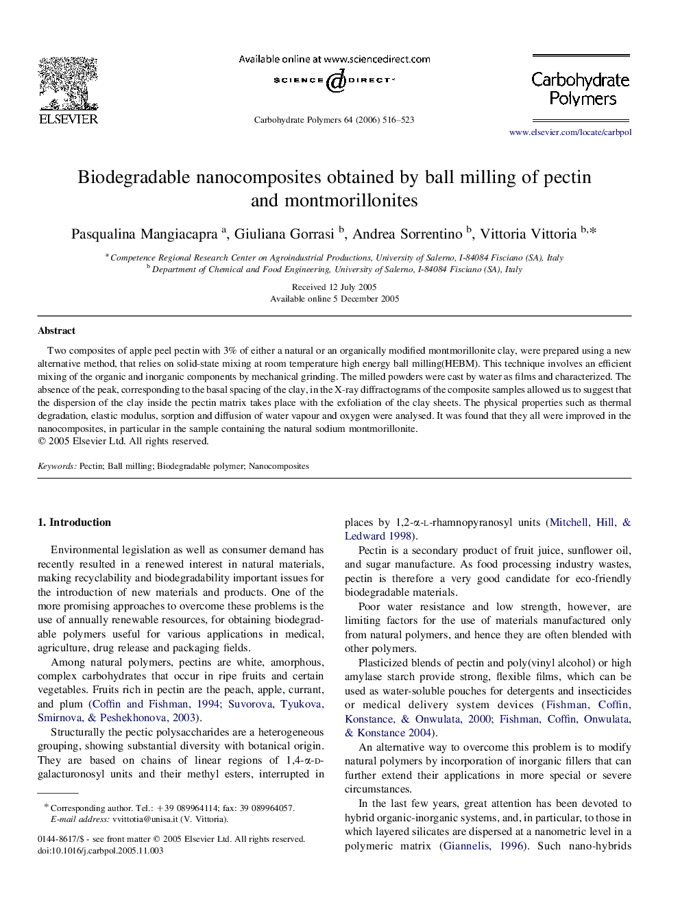 Biodegradable nanocomposites obtained by ball milling of pectin and montmorillonites