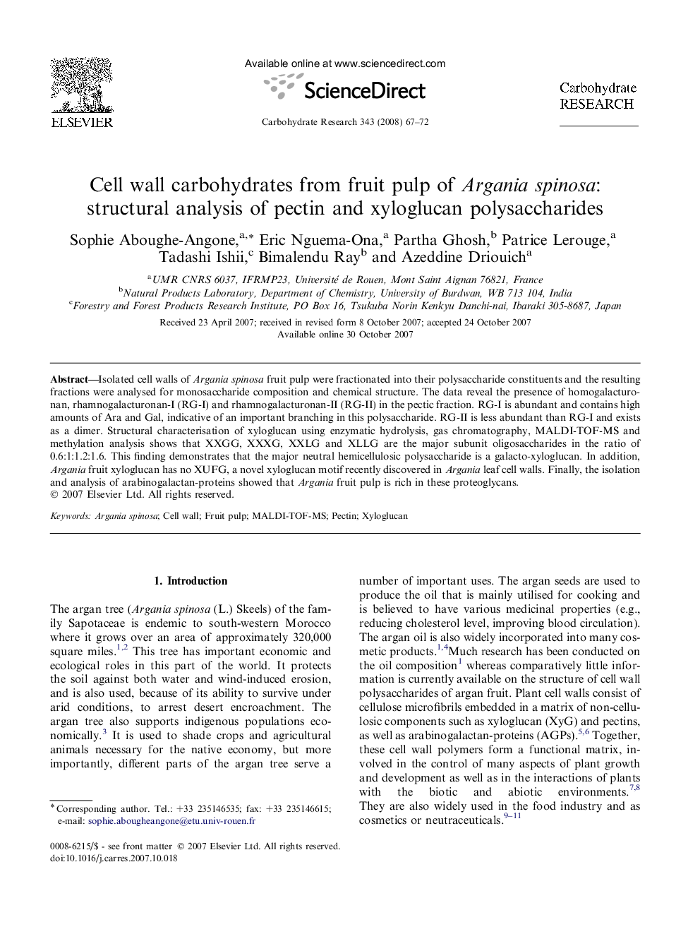 Cell wall carbohydrates from fruit pulp of Argania spinosa: structural analysis of pectin and xyloglucan polysaccharides