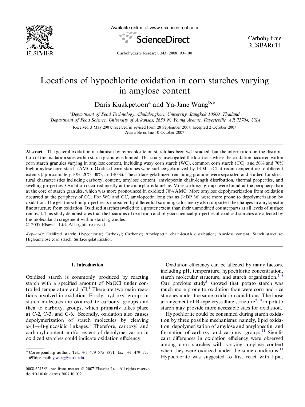 Locations of hypochlorite oxidation in corn starches varying in amylose content