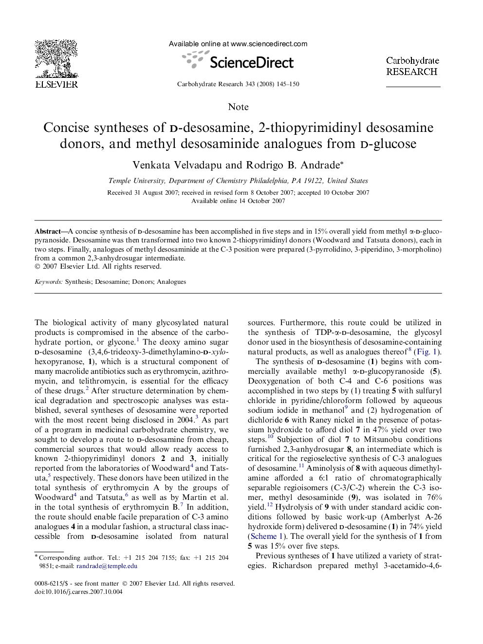 Concise syntheses of d-desosamine, 2-thiopyrimidinyl desosamine donors, and methyl desosaminide analogues from d-glucose