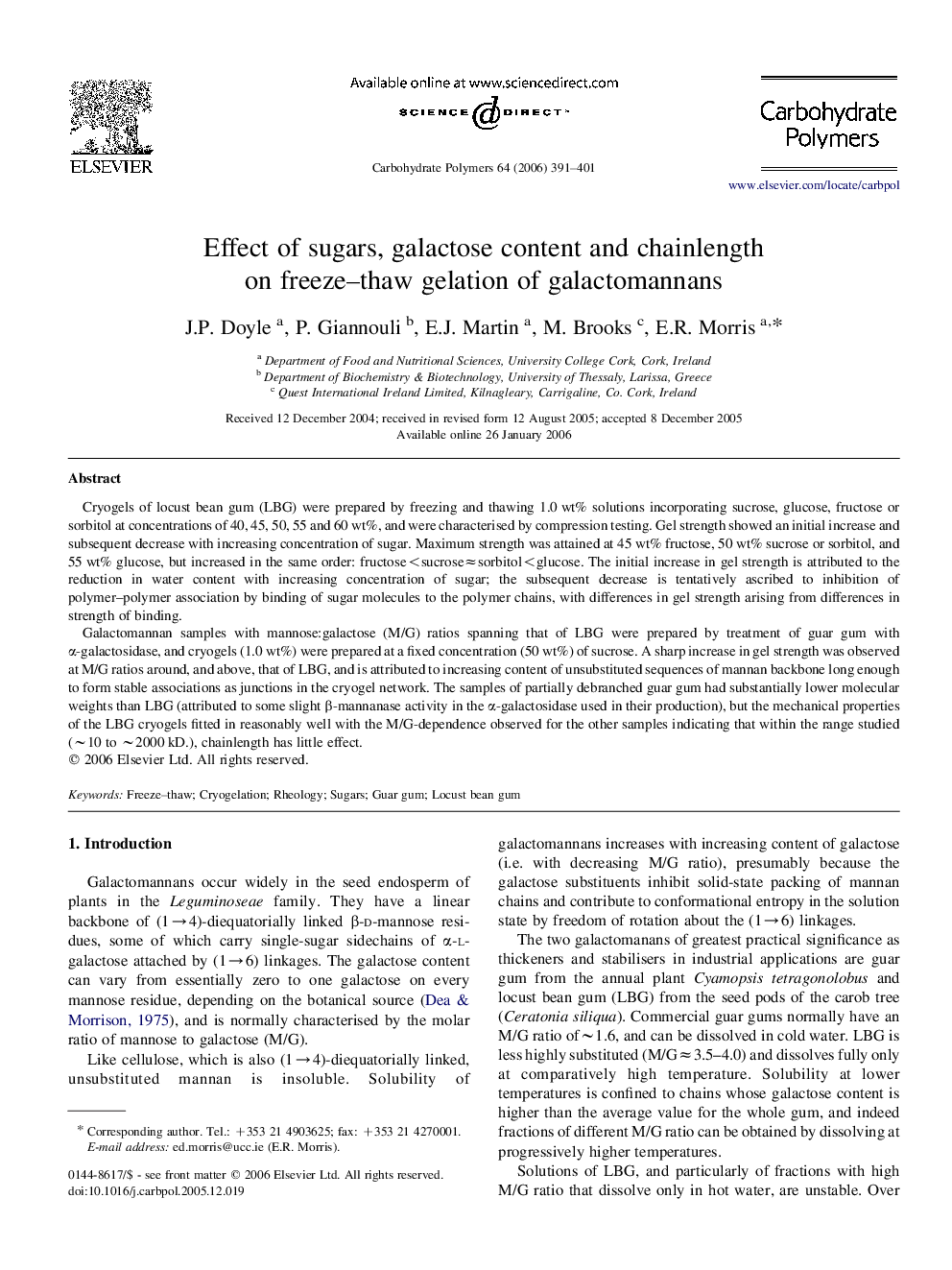 Effect of sugars, galactose content and chainlength on freeze–thaw gelation of galactomannans